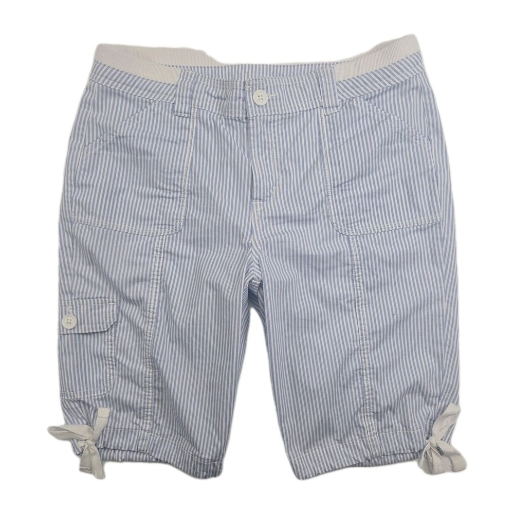 St John's Bay Blue & White Striped Women's Bermuda Shorts Size 8 Cargo Cotton
